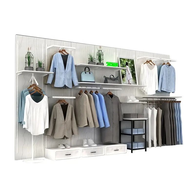 Retail men's clothes stores wooden shelf display wall clothing shop furniture design