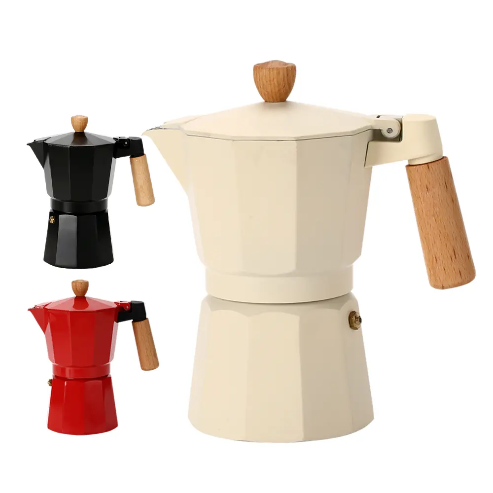 Wit Zwart Coating Aluminium Infuus Italië Moka Pot Espresso Koffiezetapparaat 3 Kopjes 6 Kopjes Barista Kookplaat Pot Whit Houten Handvat