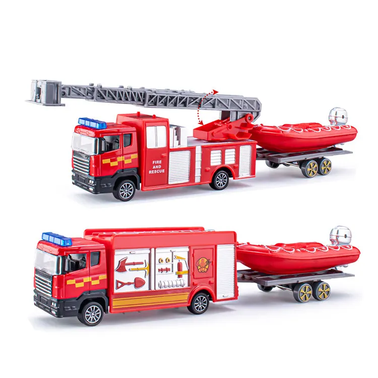 Alloy Pull Back Die Cast Fire Engineer Truck Metal Model Toy With Boat scale 1 48 model car