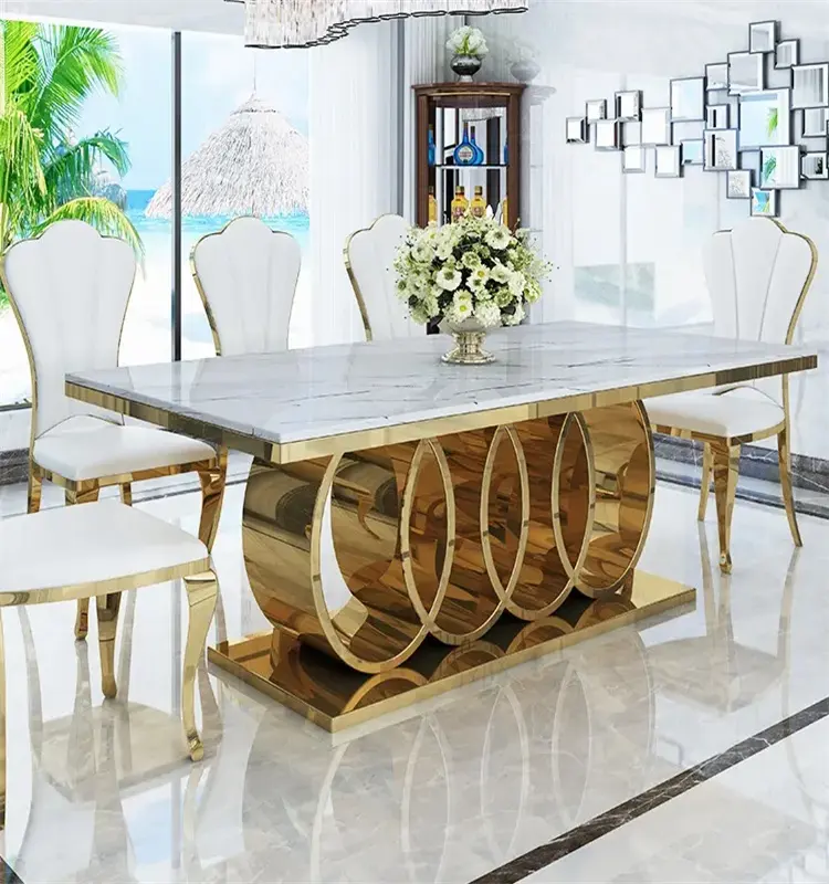 China Fornecedor mesa de tampo de mármore da sala de jantar mesas de jantar moldura de aço inoxidável para uso doméstico