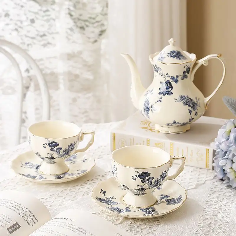 Juego de tazas de té de la tarde Vintage francés y platillo, taza de café, caja de regalo de porcelana de estilo de corte doméstico inglés, tazas bonitas