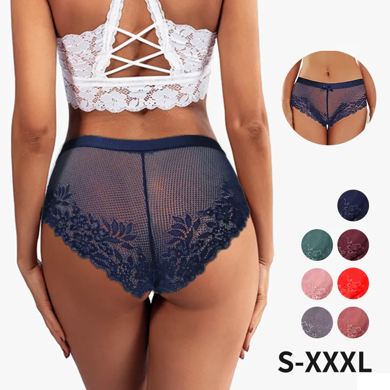 Bragas transparentes sexys para mujer, ropa interior con encaje, con estampado de flores, Xxl talla grande, venta al por mayor