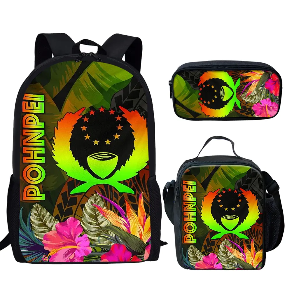 Mochila escolar con estampado Tribal de Pohnpei, morral escolar con logotipo personalizado para adolescentes, bolsa de almuerzo y estuche de lápices, precio barato al por mayor, 3 uds.