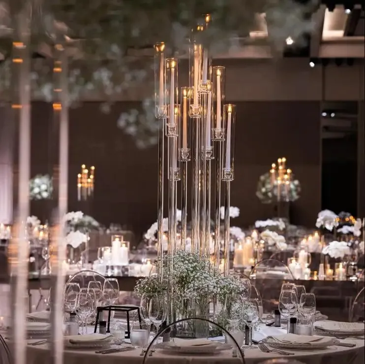 Candelabros altos com 9 cabeças, suporte acrílico para velas, pilar para festas e eventos, decoração de mesa, peças centrais de casamento