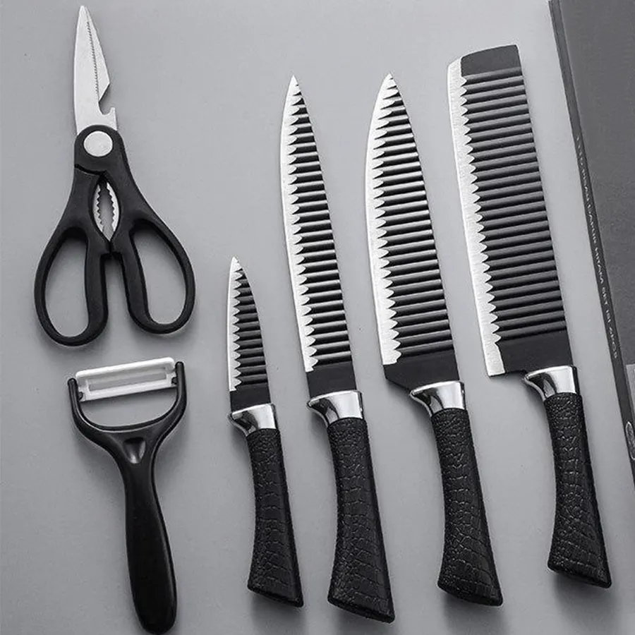 Coltello da cucina ondulato nero di lusso all'ingrosso 6 pezzi Set di coltelli in acciaio inossidabile