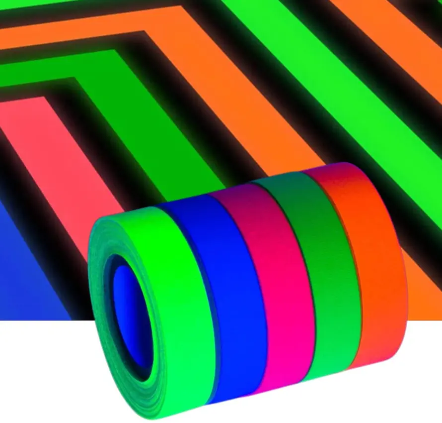 Venta caliente colorido fluorescente fluo Blacklight luminoso autoadhesivo papel tela de algodón cinta gaffer para señalización de marcador de fiesta