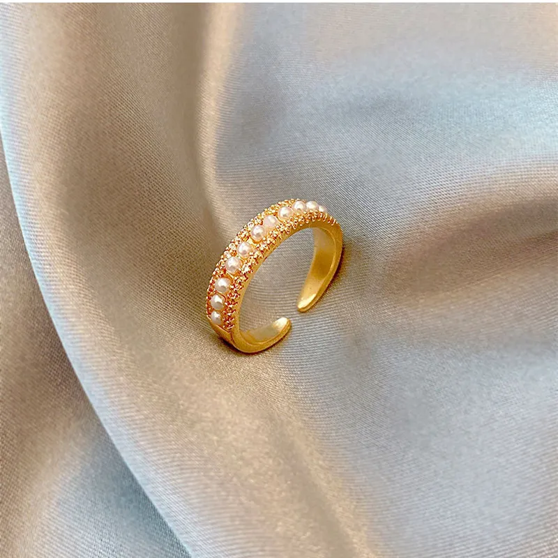 Moda 18K Real Gold Plated Cluster Pearl Index Finger Ring Ajustable C Shaped Pearl Ring Jewelry Mujeres