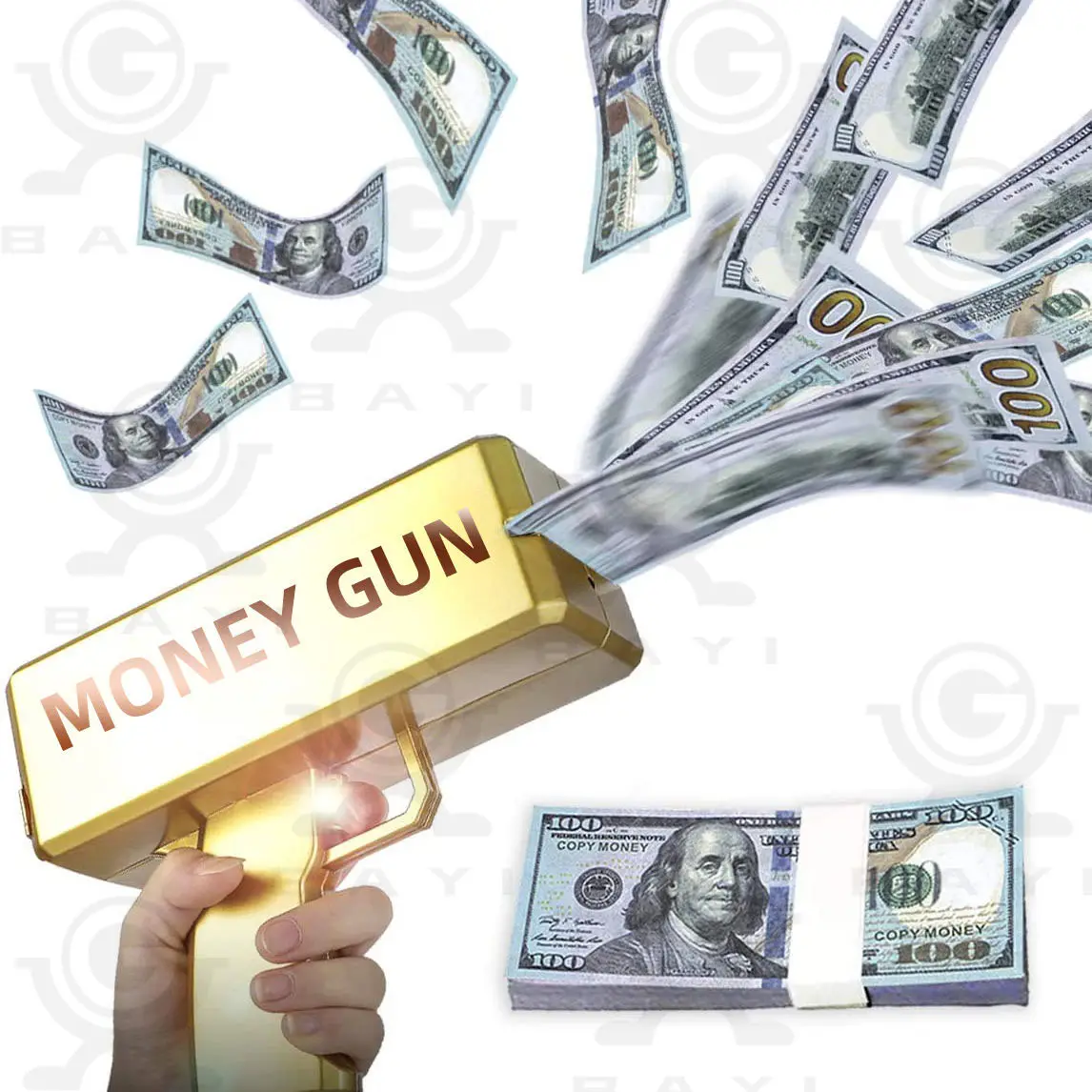 Vente en gros d'argent en or Pistolet Make Cash Money Rain de dinero Pistolet jouet Spray Real Golden Money Pistolet jouet pour fête Logo personnalisé