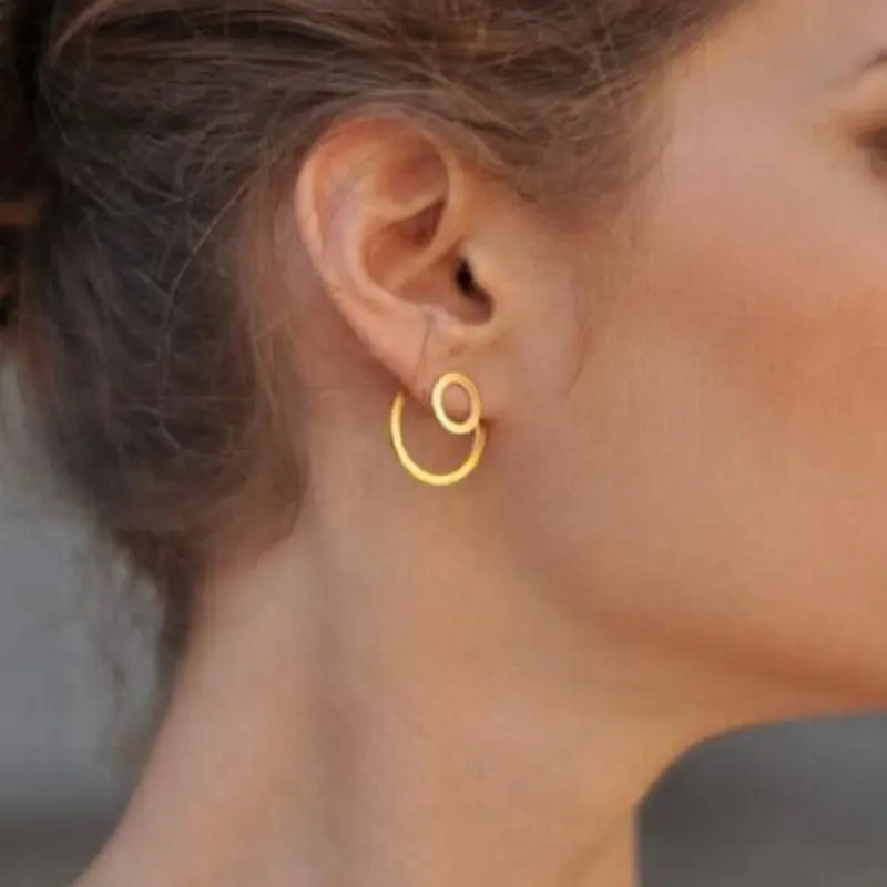 Boucles d'oreilles double cercle pour femmes, bijoux tendance, design simple, en plaqué or 18K, nouvelle collection