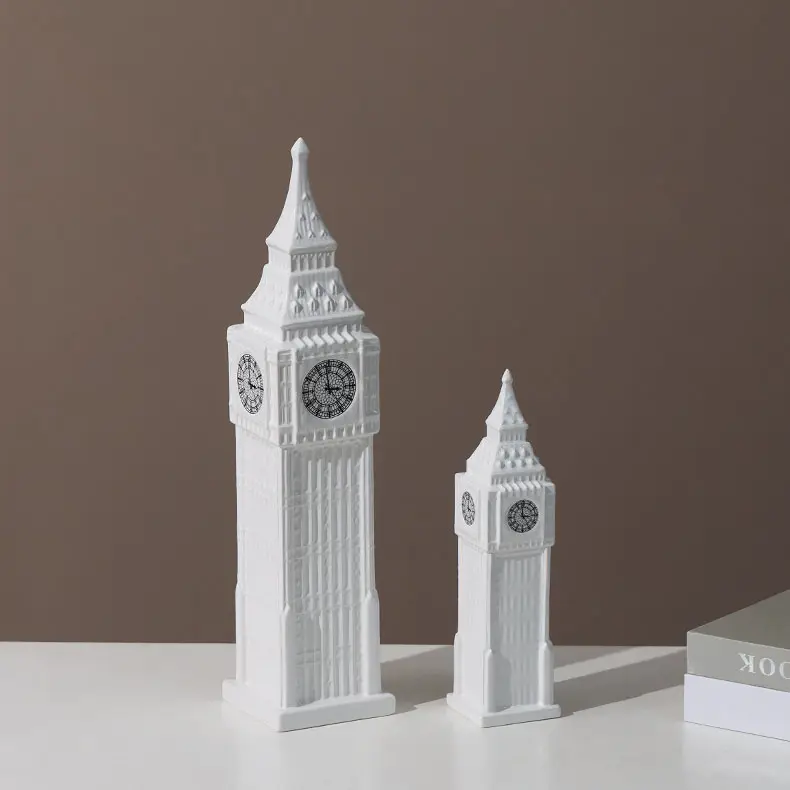 Británico Londres blanco Big Ben cerámica decoración hogar suave decoración Edificio Reloj Torre artesanía cerámica blanca decoración del hogar