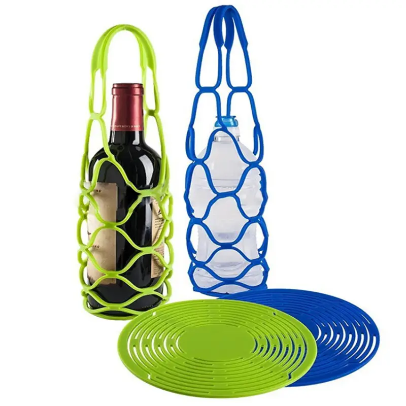 Tas Tote Pembawa Botol Anggur Silikon Baru, Tatakan Gelas, Keranjang Jala Botol Anggur untuk Piknik