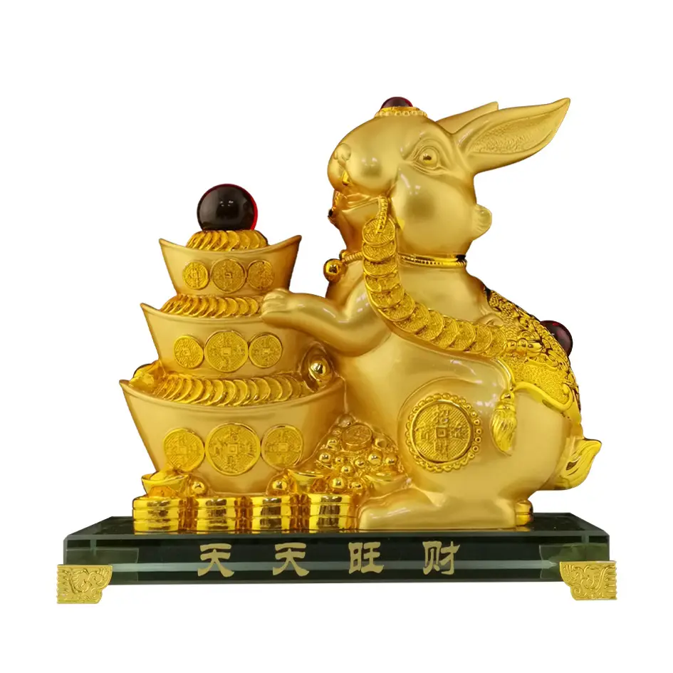 Chinese Dierenriem Geschenkdoos Home Office Tafel Decoratie Beeld Geschenk Hars Matte Gouden Konijn Feng Shui Zodiac Standbeeld