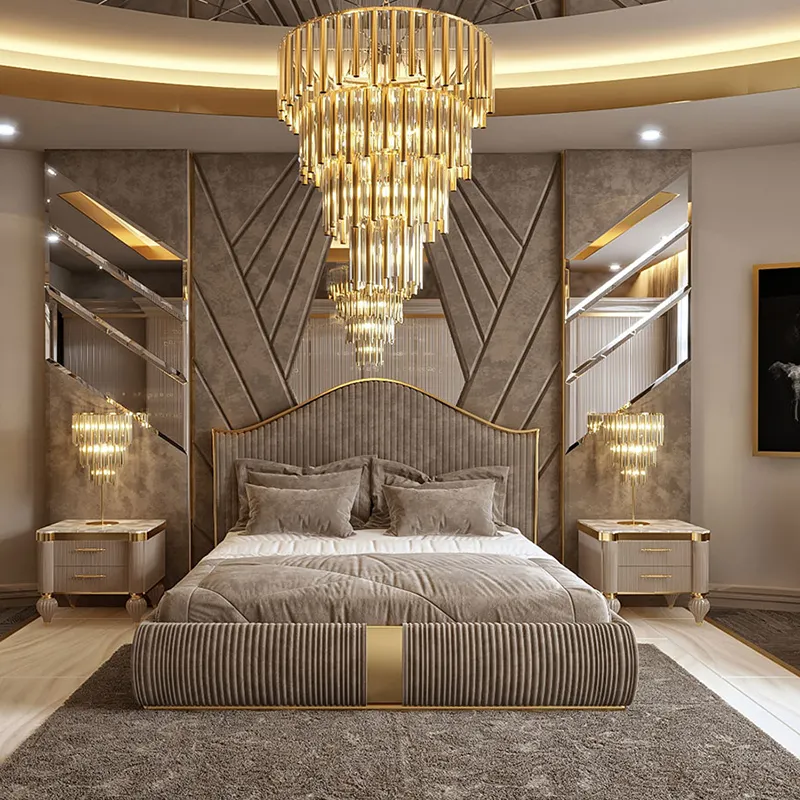 Ensemble de meubles de chambre à coucher de luxe avec cadre en bois massif, lit rembourré en coton velouté, lit double, lit queen king size