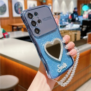 Yeni Trend elektroliz TPU el kayışı mavi Glitter makyaj aynası kılıf kapak Samsung Galaxy S23 Ultra