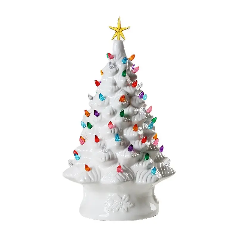 Árbol de Navidad de cerámica de venta directa de fábrica con iluminación LED y estrella iluminada para decoración del hogar