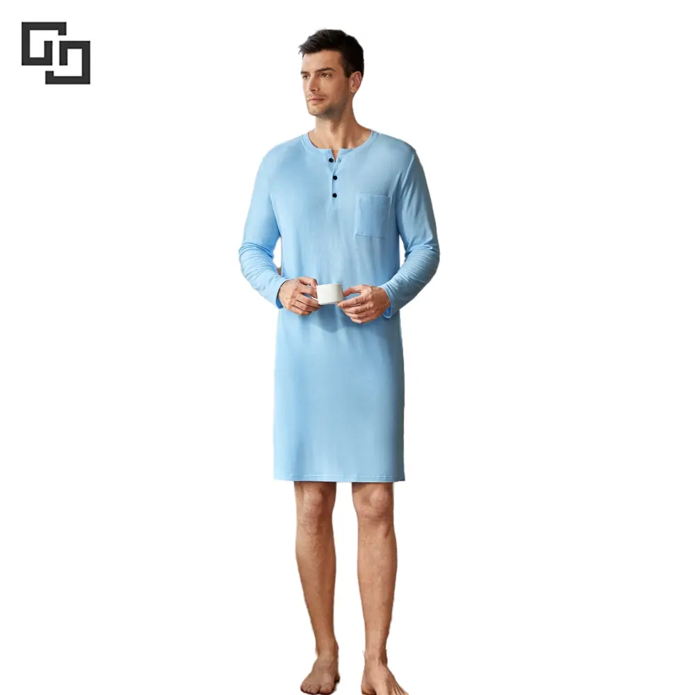 Baju Tidur Katun Kancing Depan Rajut Pria, Baju Tidur Pria Jumlah Besar Viscose dari Bambu Night Dress Panjang untuk Pria