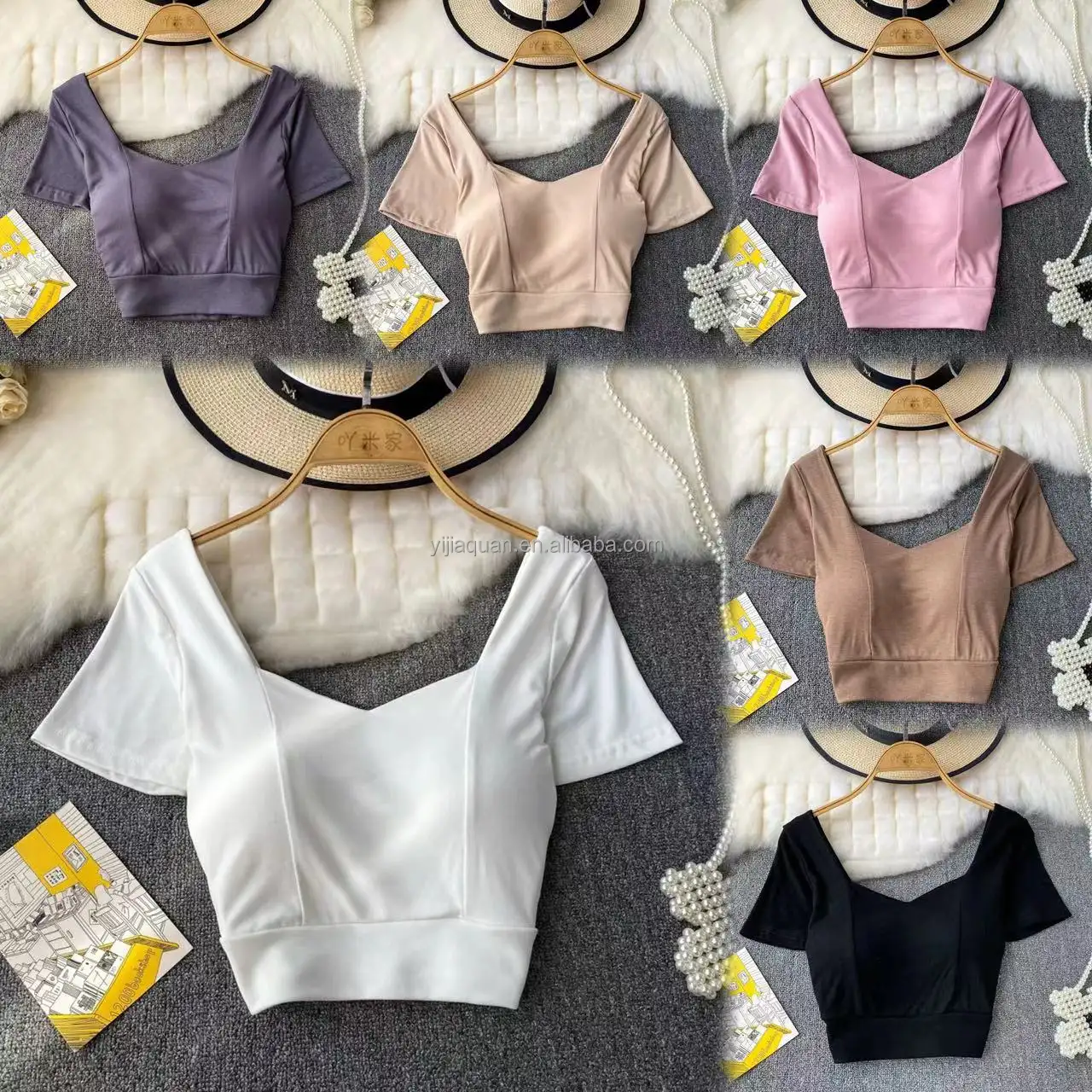 Mùa hè fashionall-in-One waistclosed rắn màu U-cổ đầu Hàn Quốc phiên bản ngắn giảm béo vành đai Trần ngực Pad T-Shirt shortsleeve