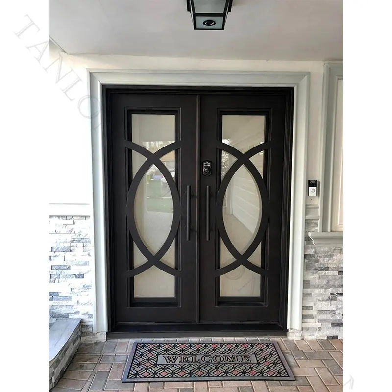 Puerta de entrada de hierro forjado moderna con entrada de vidrio Otras puertas forjadas Puerta exterior de casas