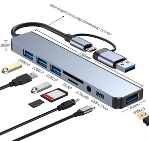 双头8合1 USB C型集线器3.0扩展坞，带5gbps高速usb端口分离器Sd Tf读卡器OTG适配器 - Product Image 1