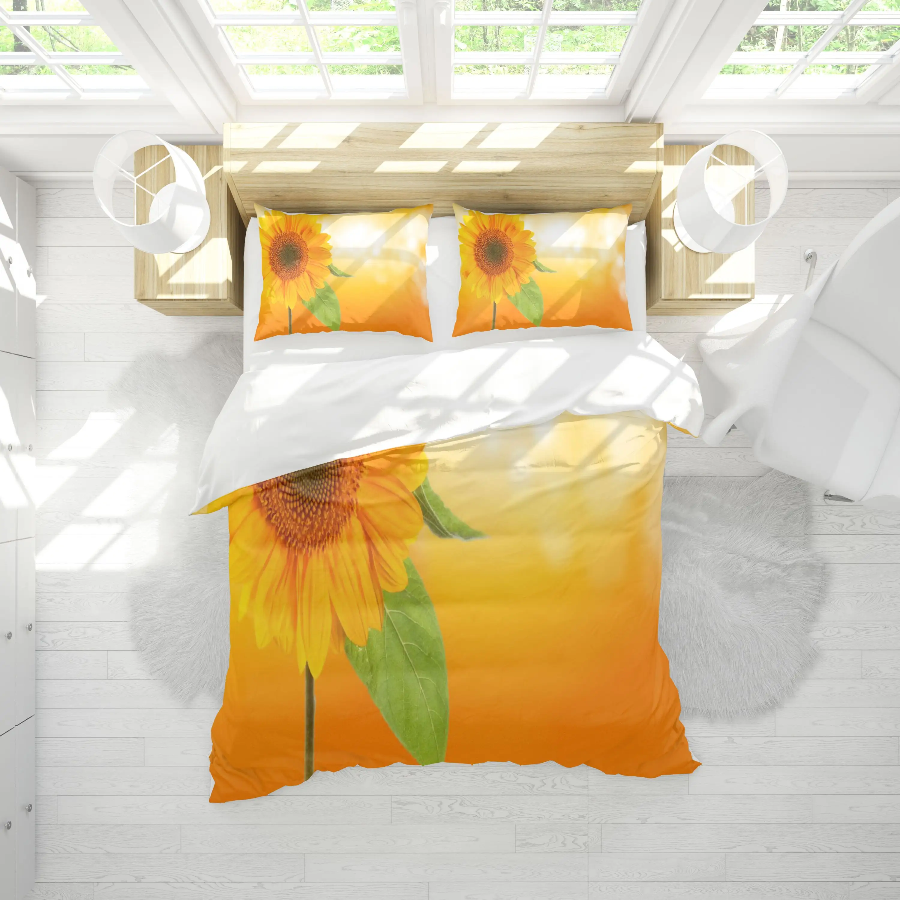 Özel 3D ayçiçeği baskılı nevresim takımı kraliçe boyutu yatak çarşafı yatak odası için Set