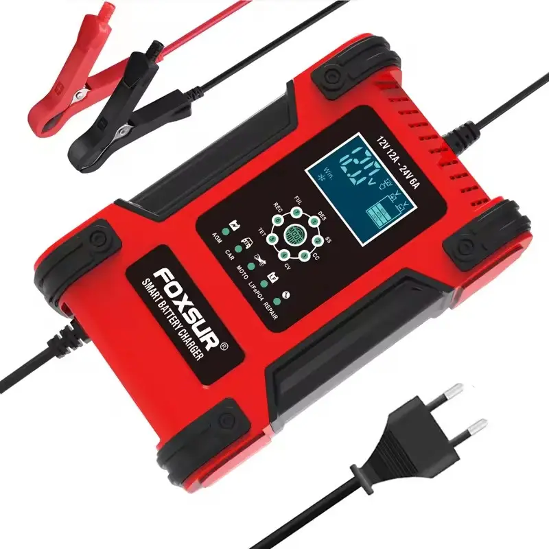 Foxsur, cargador de batería de coche completamente automático, 12V, 12A, pantalla Digital, cargador de batería, cargadores de reparación de pulso de energía, ácido de plomo seco húmedo