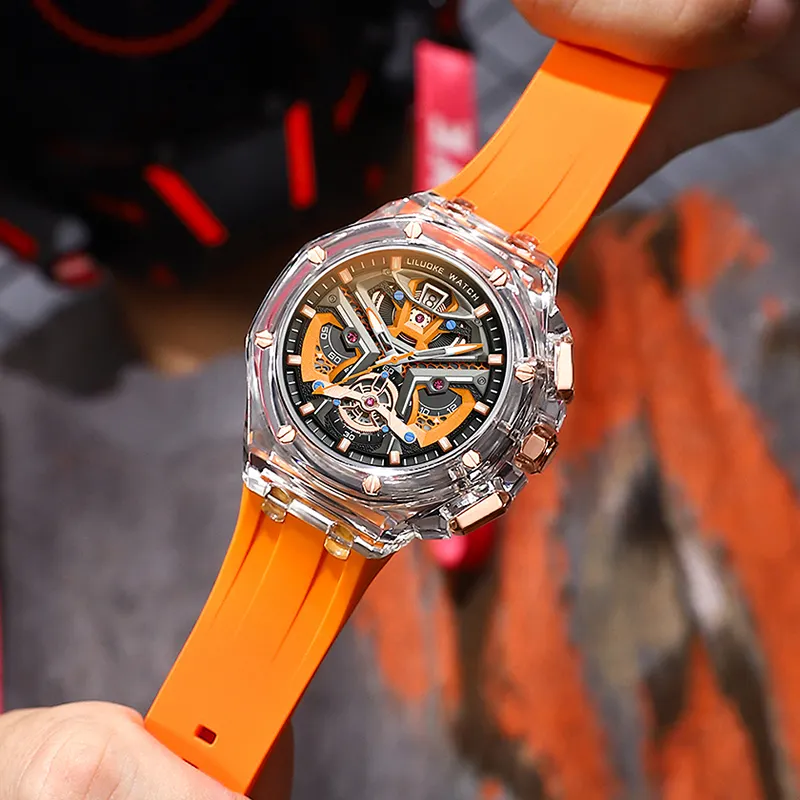 LILUOKE थोक कलाई घड़ी क्वार्ट्ज घड़ी पारदर्शी कैसलकेस सिलिकॉन स्ट्रैप वाटरप्रूफ फैशन घड़ियाँ पुरुषों के लिए स्पोर्ट घड़ी