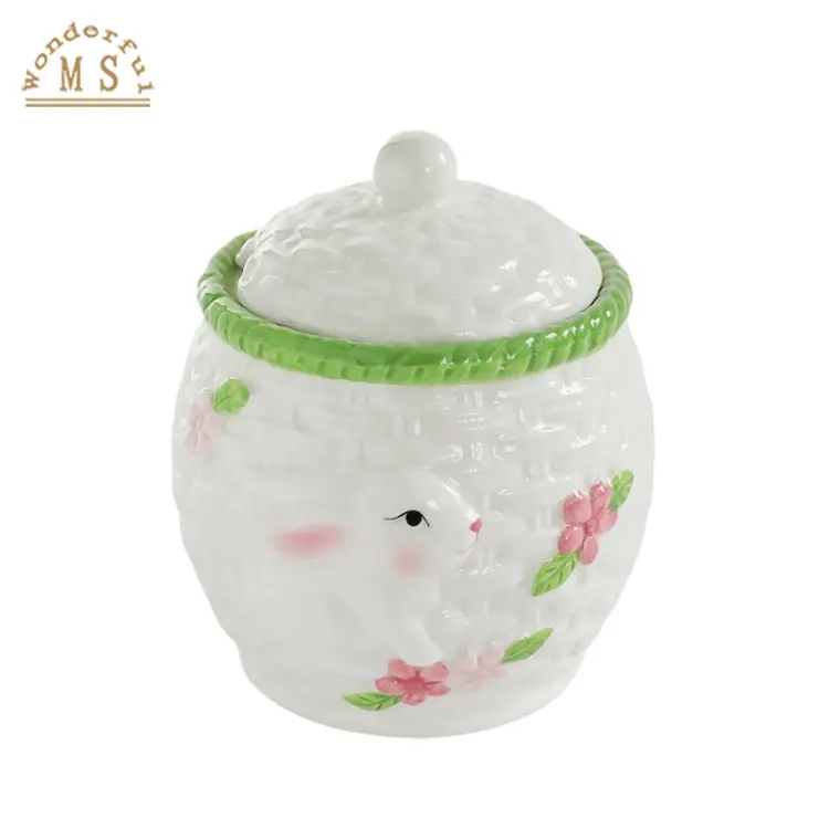 โถคุกกี้เซรามิกลายกระต่ายสำหรับวันอีสเตอร์,กล่องเก็บของในครัวดอกไม้สำหรับตกแต่งบ้านเทศกาลฤดูใบไม้ผลิของขวัญสำหรับใช้บนโต๊ะอาหาร