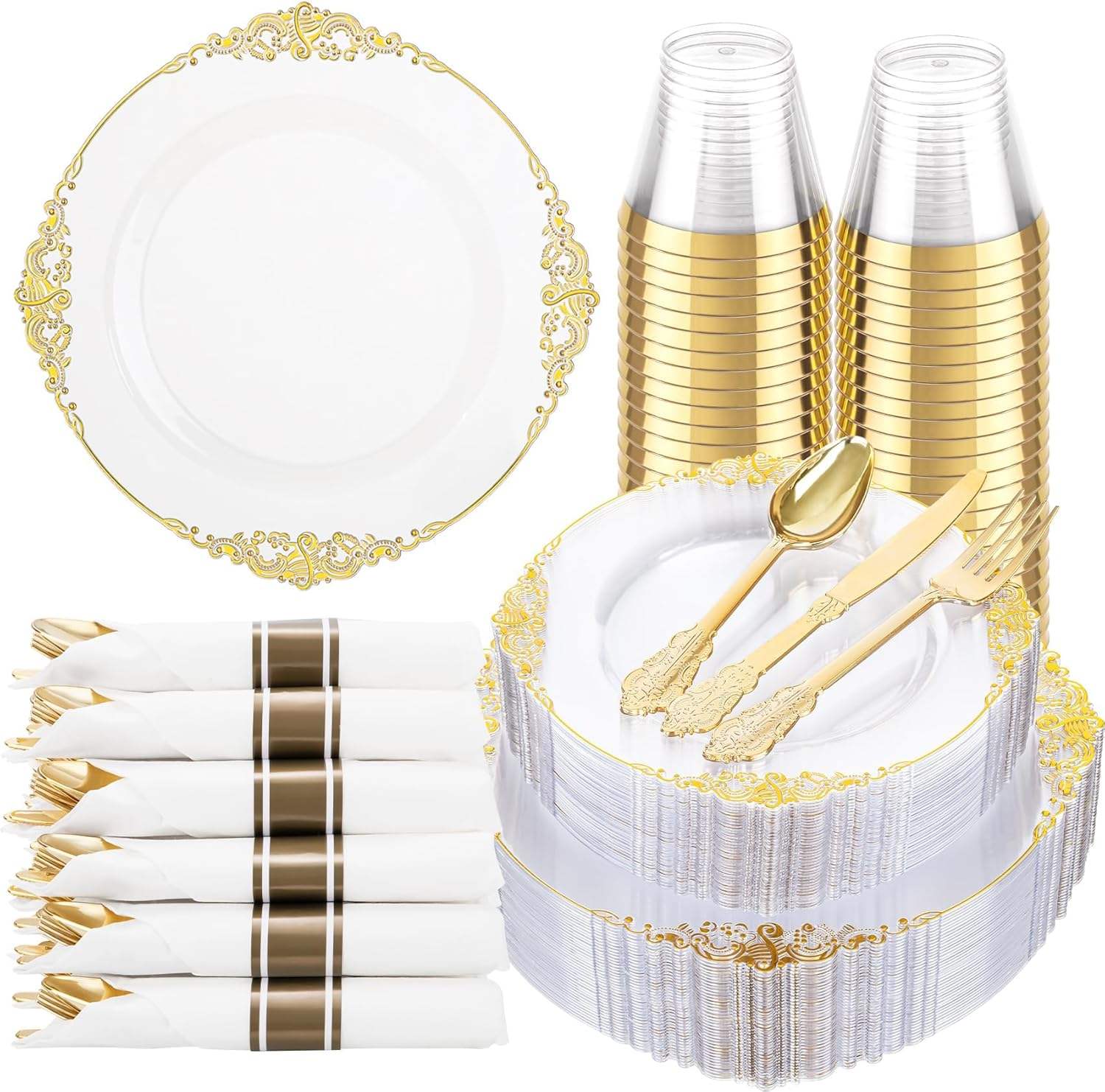 gold plates + knives, forks, and spoons + 10OZ cups + paper