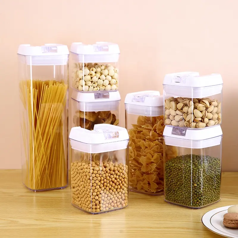 Kitchen organizer HIPS clear cereal spaghetti storage container 7 piece set plastic food container with lid