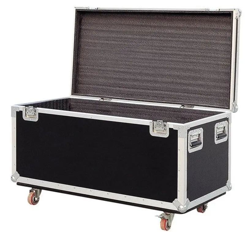Caja de vuelo de escenario con ruedas, fabricante personalizado, caja de exhibición de aluminio para DJ, cámara de salón