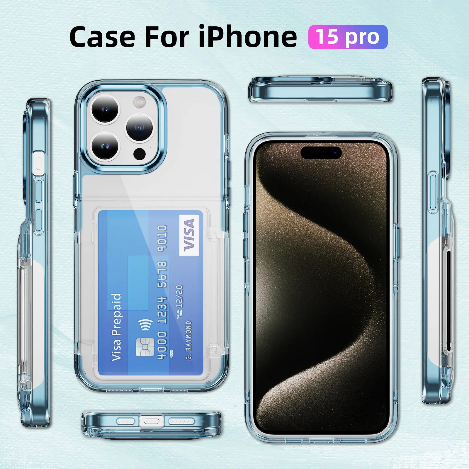 shockproof TPU+PC transparent flip cover credit card slot holder clear phone case with stand for iPhone 15