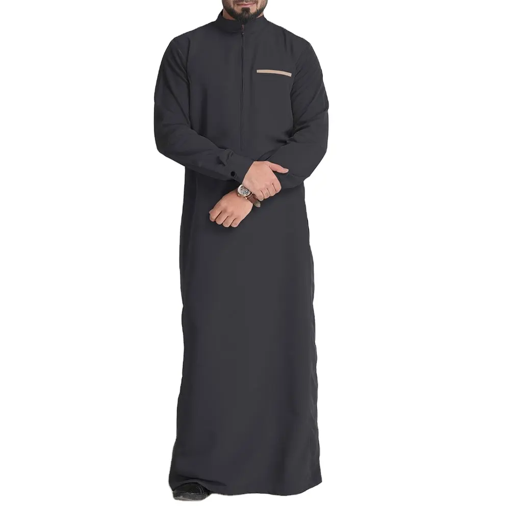 Abaya de pecho de thobe para hombre, cuello alto con botones, diseño moderno, bolsillo para el pecho, color gris oscuro
