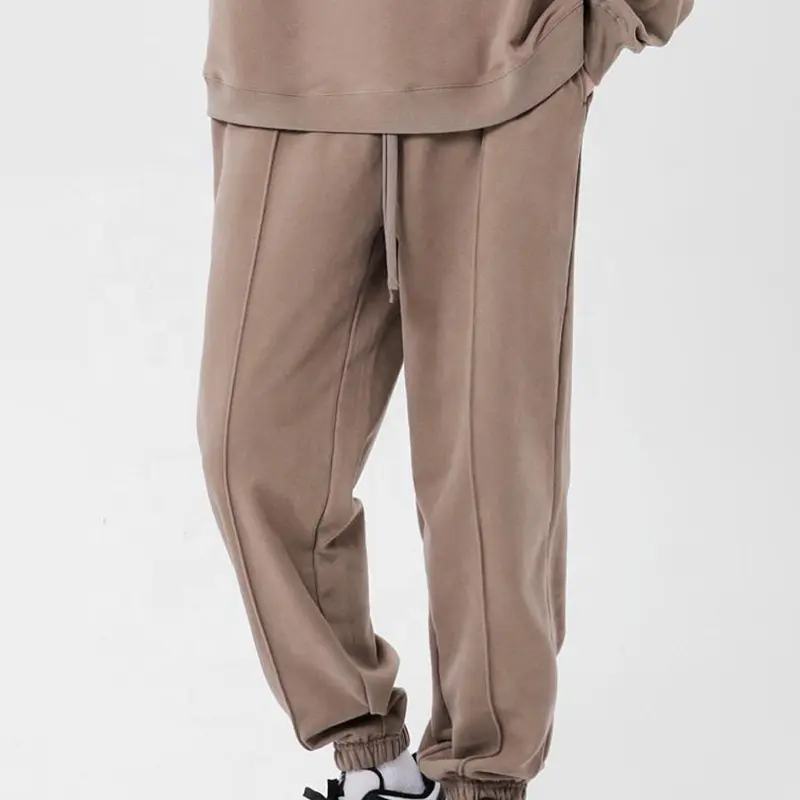 380g Mens artı boyutu ağır pamuk Sweatpants katı kahverengi konfeksiyon boyalı günlük pantolon yüksek kalite örme Jogger cep pantolon