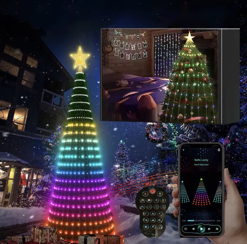 2024 gran oferta decoración al aire libre Rgb colorido App Control plegable Twinkly Smart Led luces de árbol de Navidad