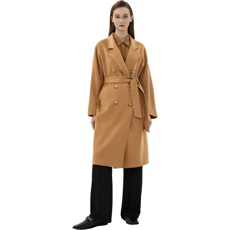 Cappotto avvolgente personalizzato in fabbrica in 100% Cashmere cappotto lungo doppio viso da donna Trench doppiopetto colletto ribassato