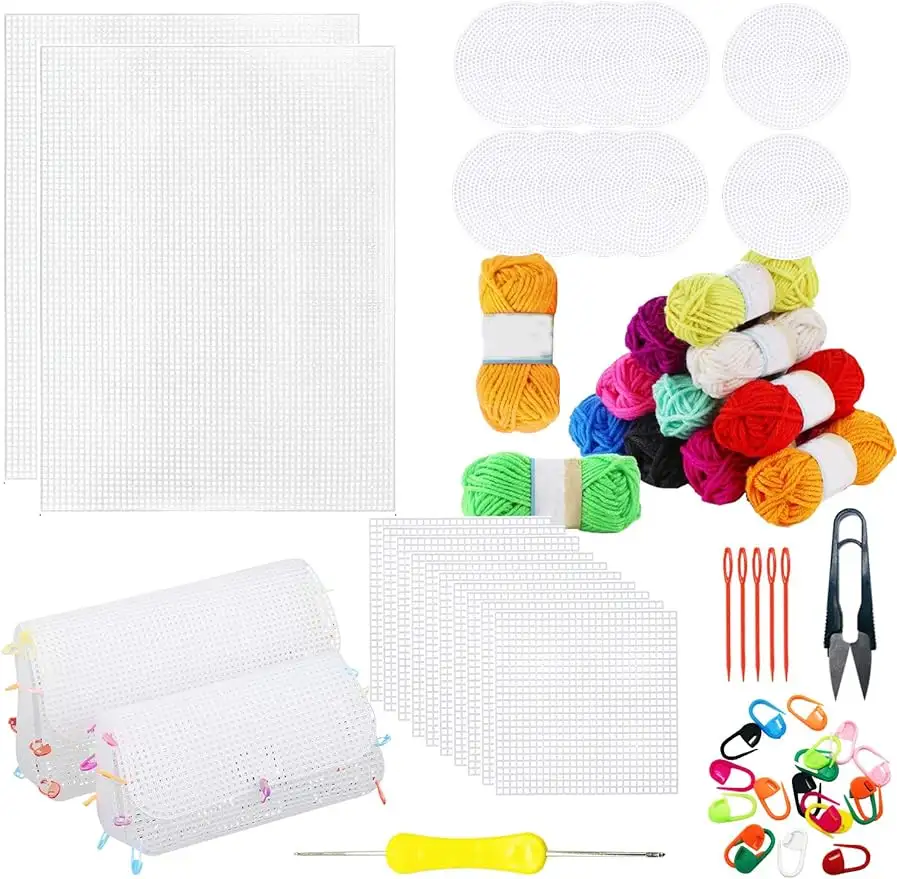 Complete Mesh Plastic Canvas Kit with Clear Sheets Acrylic Yarn and Embroidery Tools for Crafting and Embroidery Projects