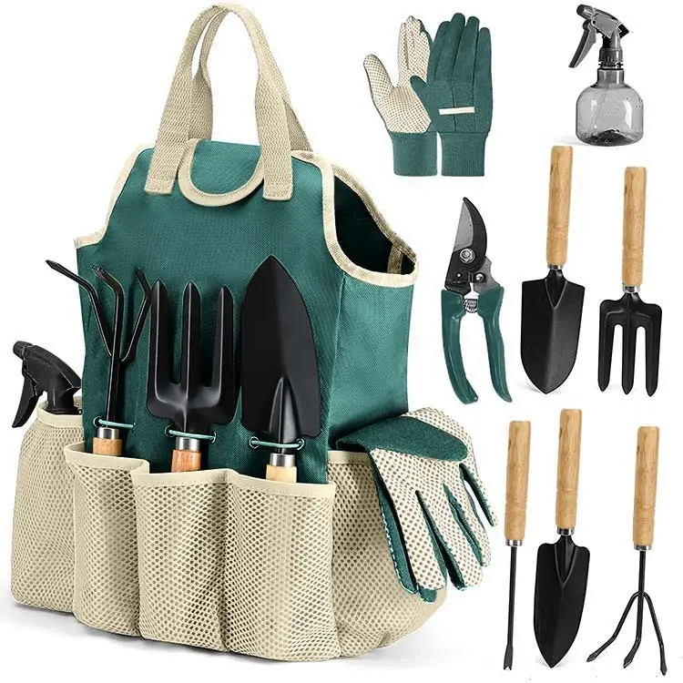 9 Uds bonsái herramientas agrícolas de jardín mango de madera pequeño juego de herramientas de mano de jardín con bolsa