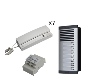 Sistema de intercomunicación de audio para múltiples apartamentos Kit de entrada de edificios con teléfonos de 7 Puertas 1 transformador 1 botón de llamada Panel de aluminio - Product Image 1
