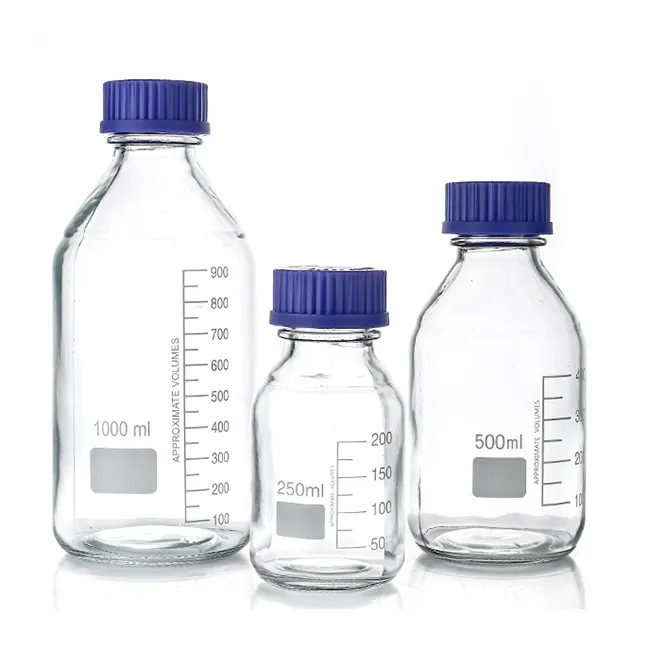 बोरोसिलिकेट ग्लास लैब रिएजेंट बोतलों स्पष्ट प्रयोगशाला रासायनिक अभिकर्ता मीडिया की बोतलें