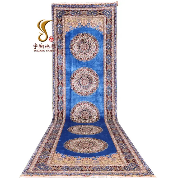 Yuxiang fábrica direta 3*10 pés azul medallion persiano artesanal tapete corredor de seda para corredor e corredor