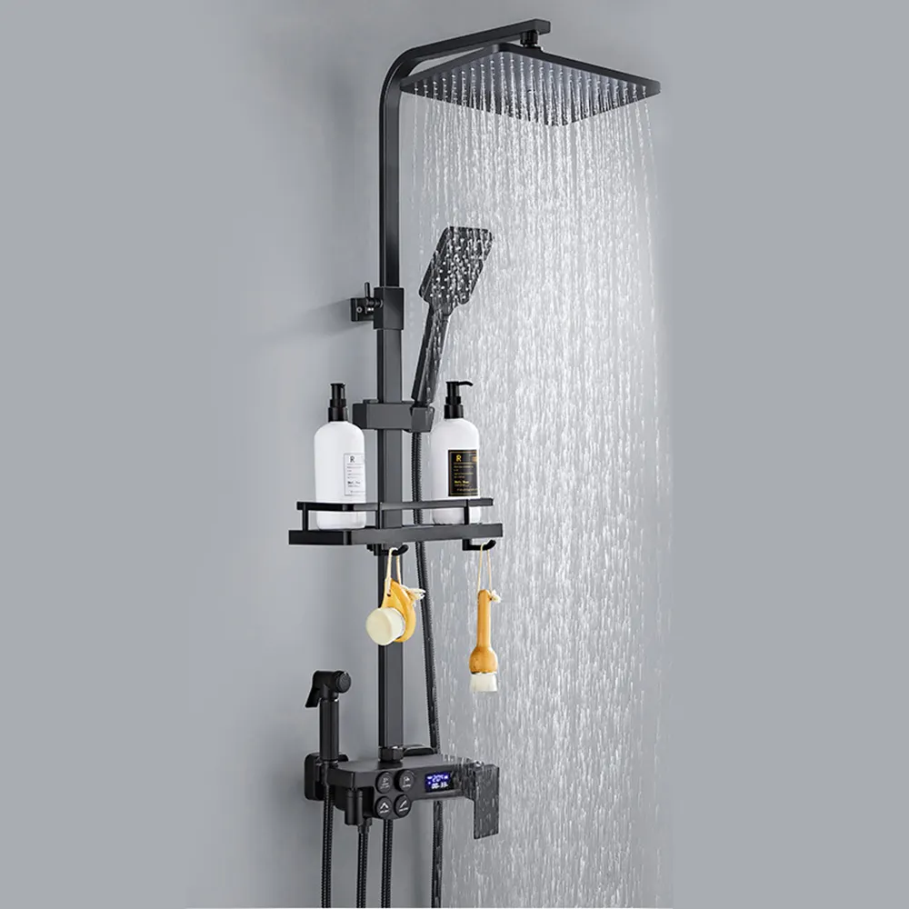 Luxo Black Brass Rainfall Bathroom Shower Set Smart Automatic Hot Cold Mixer Bath Hand Shower Head System Botão Spray Gun Tap