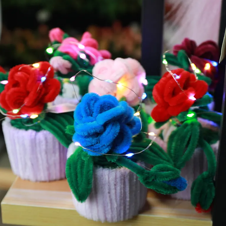 Handmade crochet flores mini bonsai árvore levou luzes decorativas artificial flores quarto decoração
