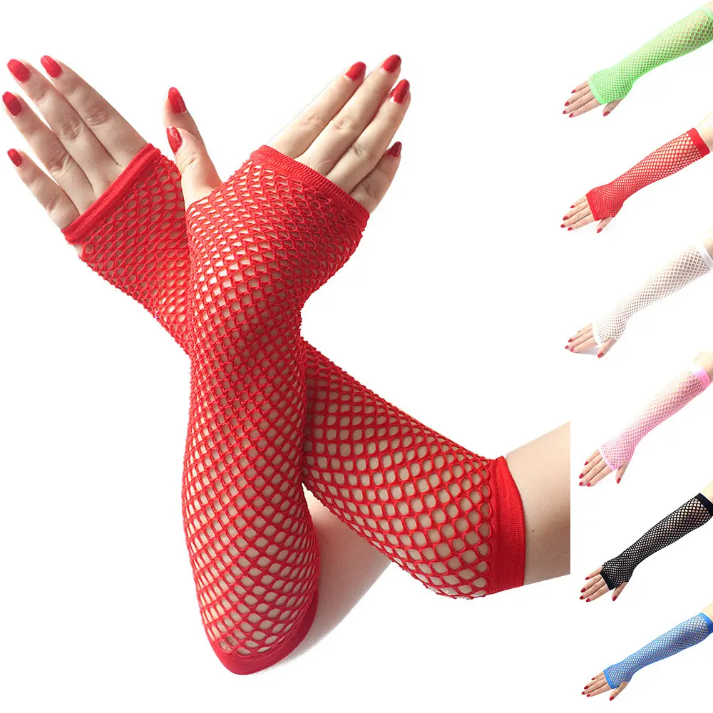 Conjunto de guantes de malla para mujer, guantes de neón sin dedos, coloridos, largos, sexys, bonitos, para verano