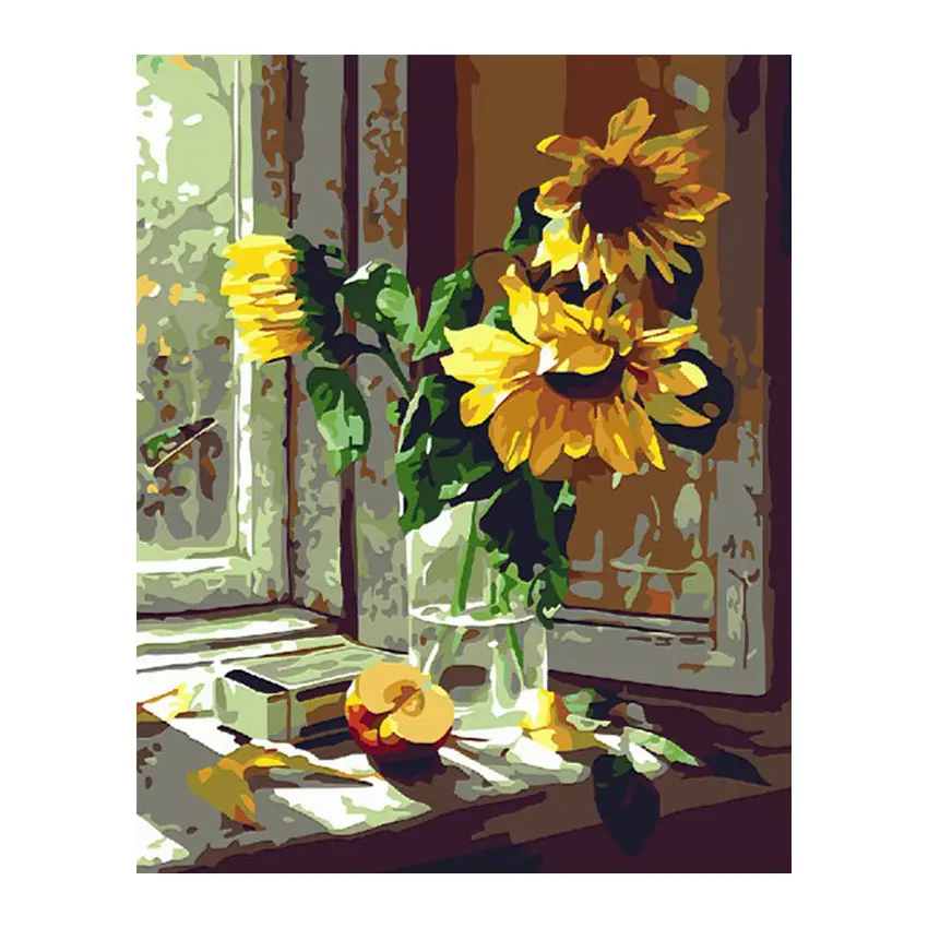 Pintura acrílica por números girasol por la ventana pintura por número artes abstracto moderno decoración del hogar para niños adultos