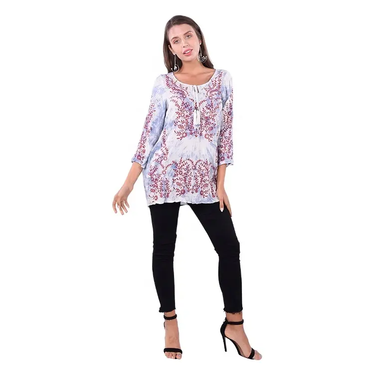 Blusa de algodão, blusa da moda floral de design de três quartos manga bordada para mulheres blusas de verão para moças st0085