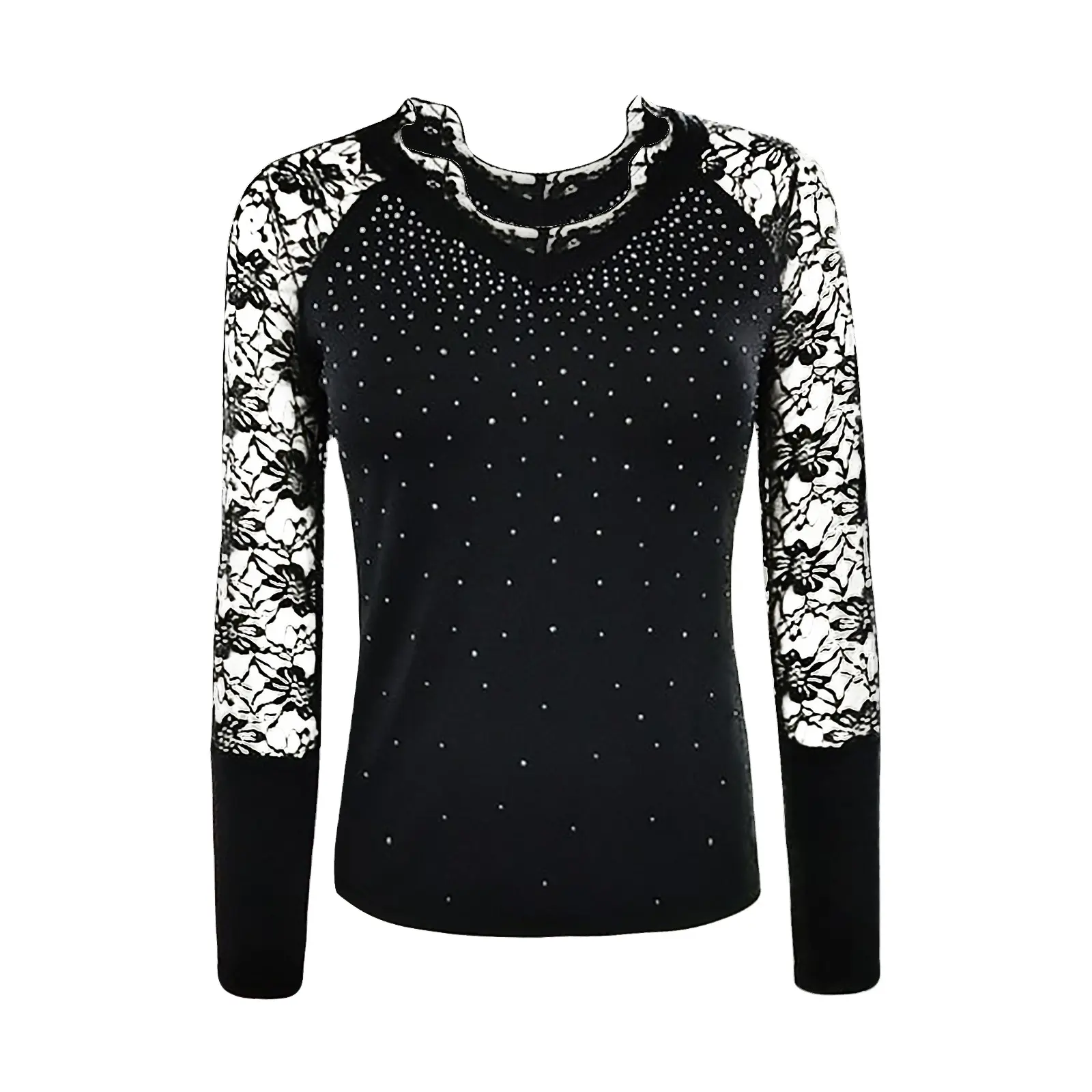 Women Long Sleeve T-Shirts Patchwork Design Lace Diamond Decor See Through V-Neck Solid Top Elegant Lady Autumn Slim Shirts