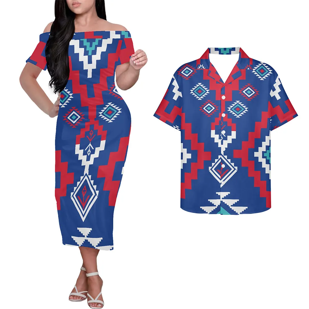 Mavi/kırmızı zarif ofis günlük elbiseler aztek hint tarzı çift giyim erkekler ve kadınlar için açık omuzlu Midi elbise maç gömlek
