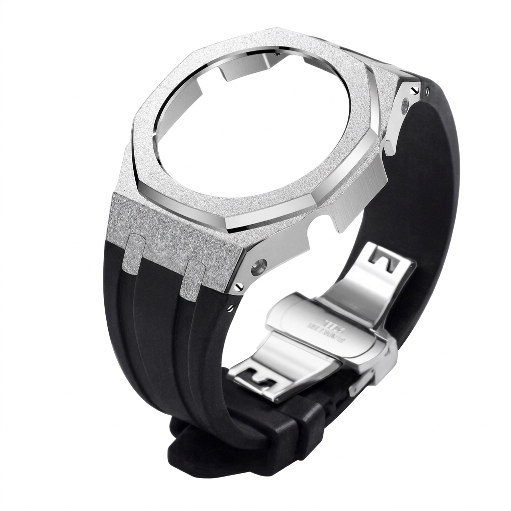 silver case-black silicone strap