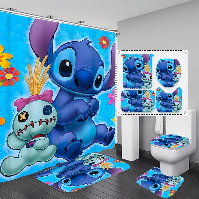 Stitch tirai kamar mandi Set tirai mandi untuk kamar mandi hiasan kartun karpet mandi dekorasi 180x180cm 4 buah