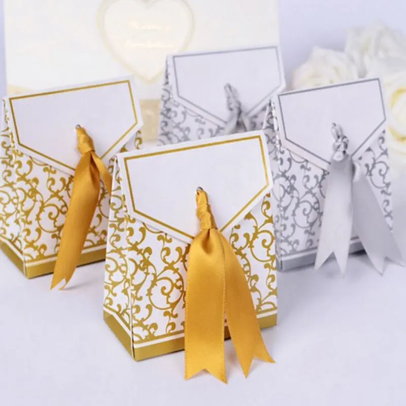 Oro plata caja de regalo de papel de embalaje de partido caramelo dulce Favor caja para invitados de boda